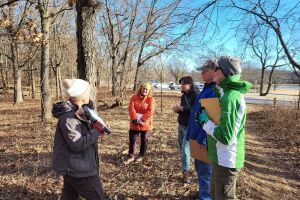 A group of people with an instructor learning about trees.