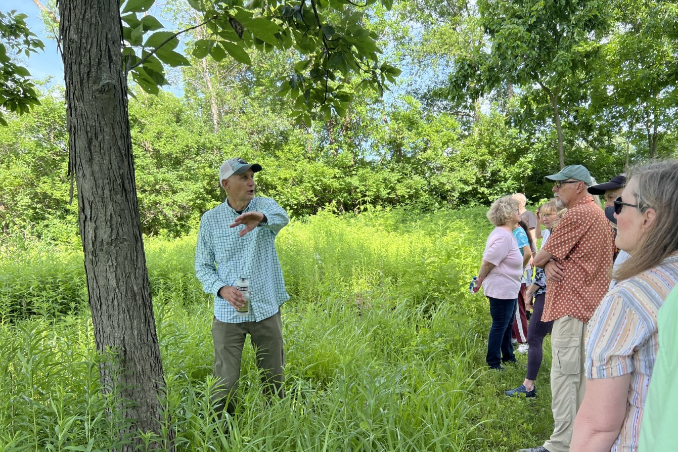 A group of people on a hike with a guide.