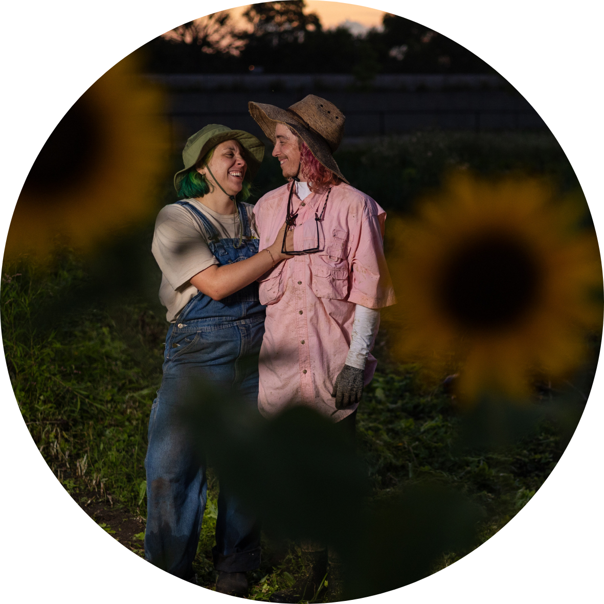 Women farmers with sunflowers in the background. 