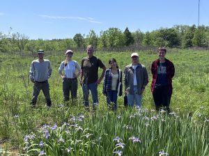 A group of people standing in a prairie with native blue flag iris in the foreground. 