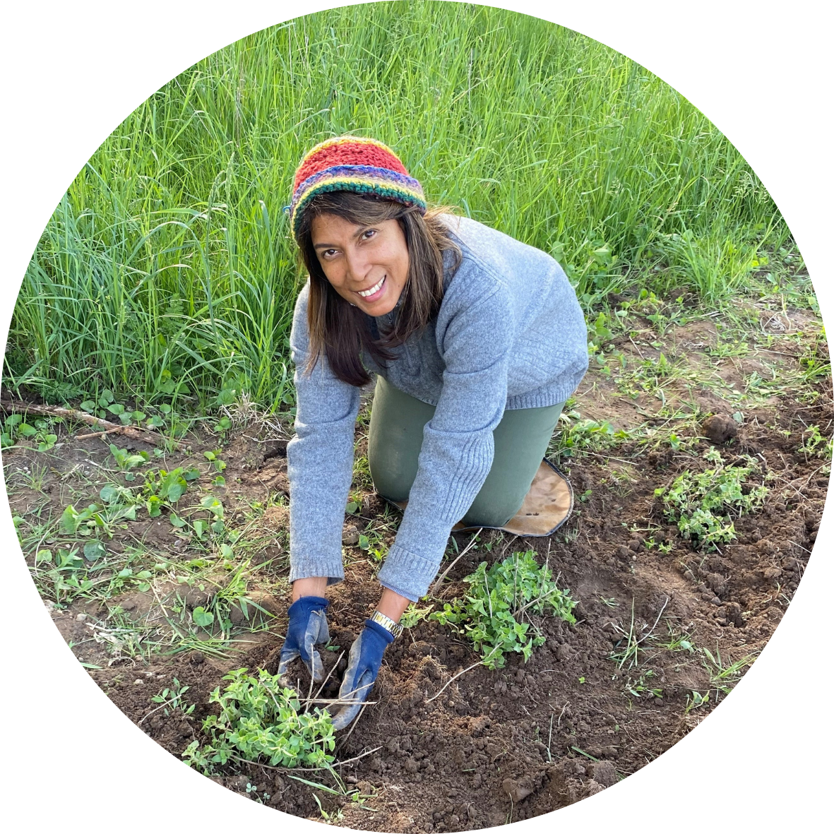 A woman planting in a farm field