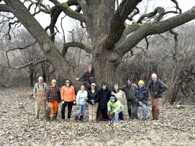 A group of people pose under a large oak tree in early spring.